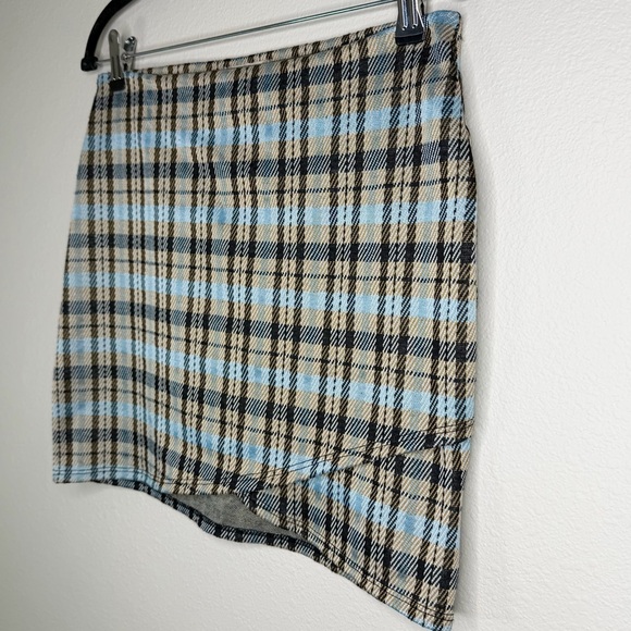 Altar'd State Blue Gold Black Plaid Stretchy Elastic Waist Mini Skirt Sz M - Picture 5 of 13